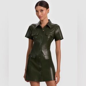Alice + Olivia Jamie Vegan Leather Mini Dress- Olive Green